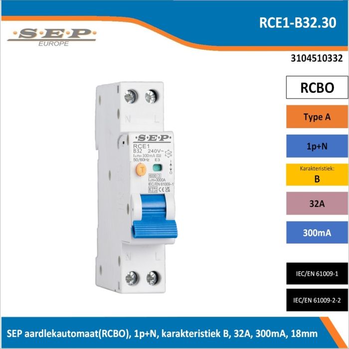SEP RCE1-B32.30 aardlekautomaat RCBO 1P+N, B-karakteristiek, 32A, 300mA, 6kA - artikelnummer 3104510332 - spanningsafhankelijk - 18mm breed