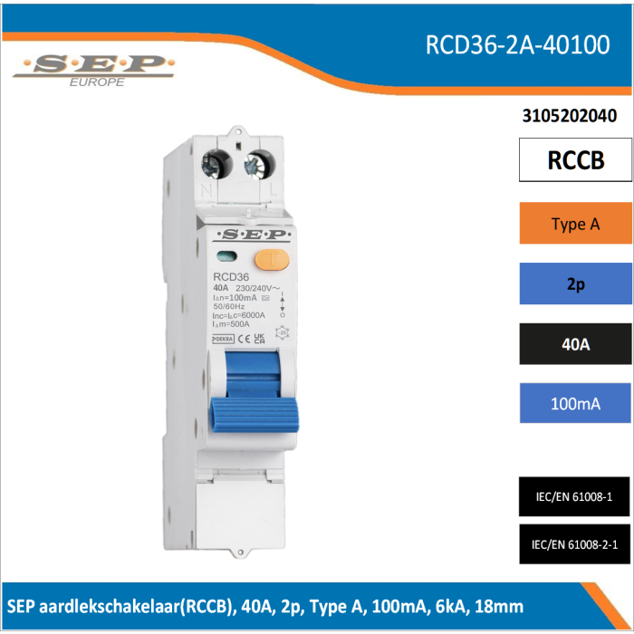 SEP RCD36-2A-40100 aardlekschakelaar – compacte 2-polige RCCB 40A / 100mA in behuizing, zij- en vooraanzicht