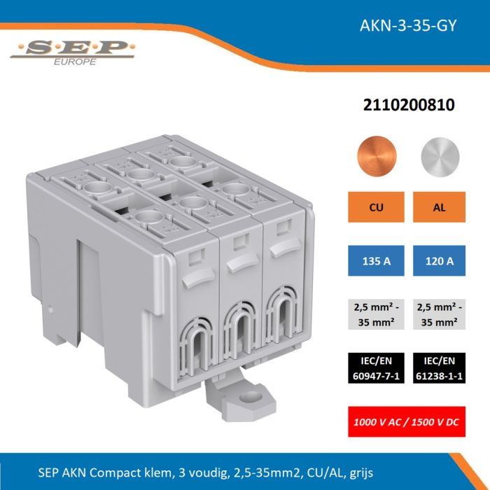 SEP AKN-3-35-GY compacte aansluitklem 3-voudig, geschikt voor koper en aluminium 2,5-35 mm², grijs – 1000 V AC / 1500 V DC, artikel 2110200090
