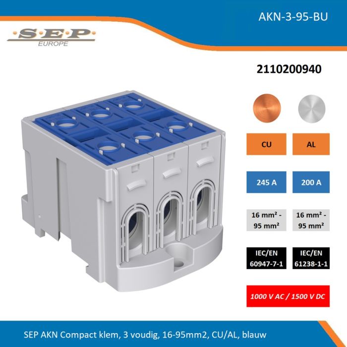 SEP AKN-3-95-BU compacte aansluitklem 3-voudig, geschikt voor koper en aluminium 16-95 mm², blauw – 1000 V AC / 1500 V DC, artikel 2110200940