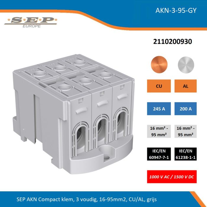 SEP AKN-3-95-GY compacte aansluitklem 3-voudig, geschikt voor koper en aluminium 16-95 mm², grijs – 1000 V AC / 1500 V DC, artikel 2110200210
