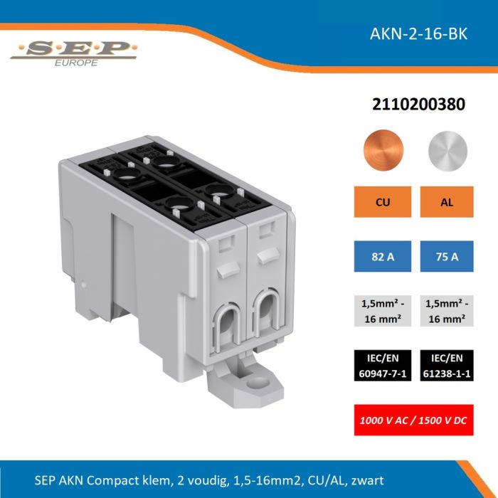 SEP AKN-2-16-BK compacte aansluitklem 2-voudig, geschikt voor koper en aluminium 1,5-16 mm², zwart – 1000 V AC / 1500 V DC, artikel 2110200380