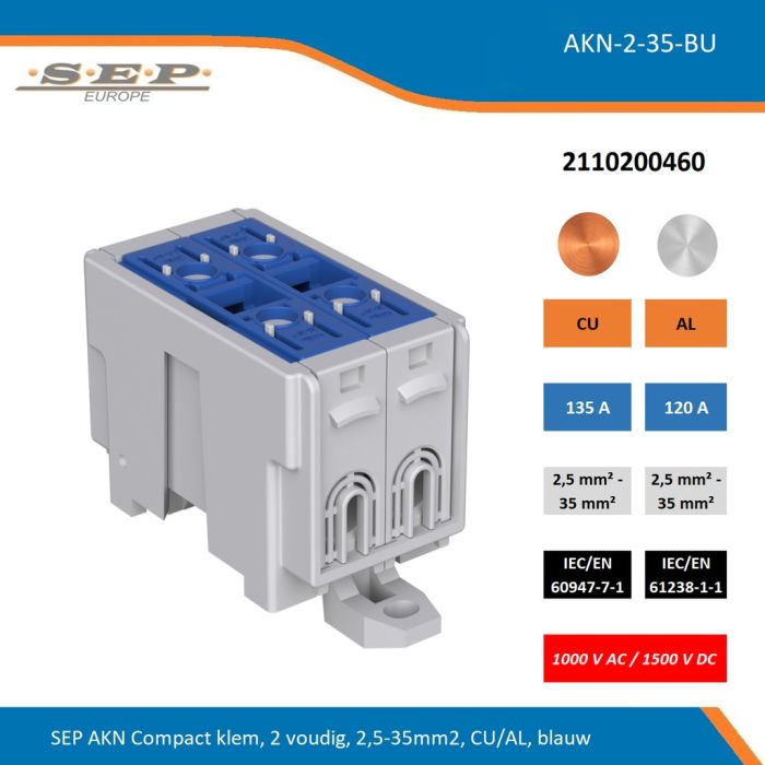 SEP AKN-2-35-BU compacte aansluitklem 2-voudig, geschikt voor koper en aluminium 2,5-35 mm², blauw – 1000 V AC / 1500 V DC, artikel 2110200460