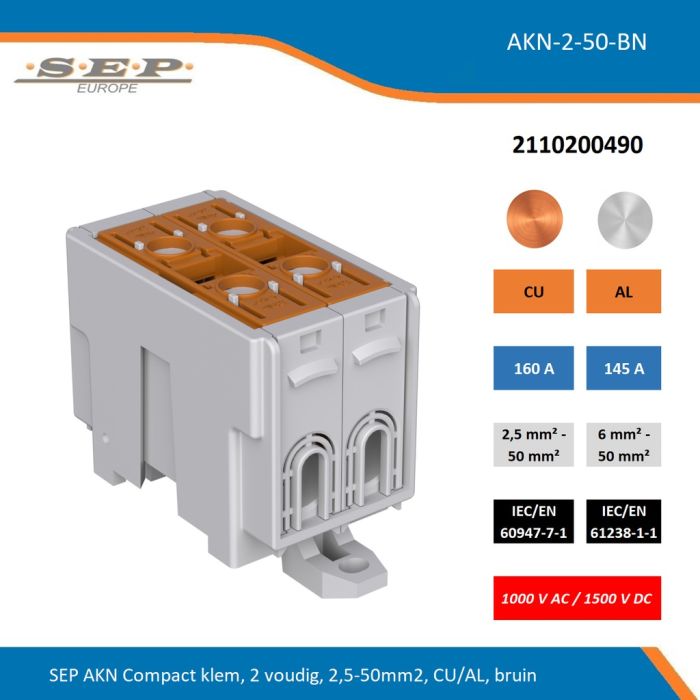 SEP AKN-2-50-BN compacte aansluitklem 2-voudig, geschikt voor koper en aluminium 2,5-50 mm², bruin – 1000 V AC / 1500 V DC, artikel 2110200490