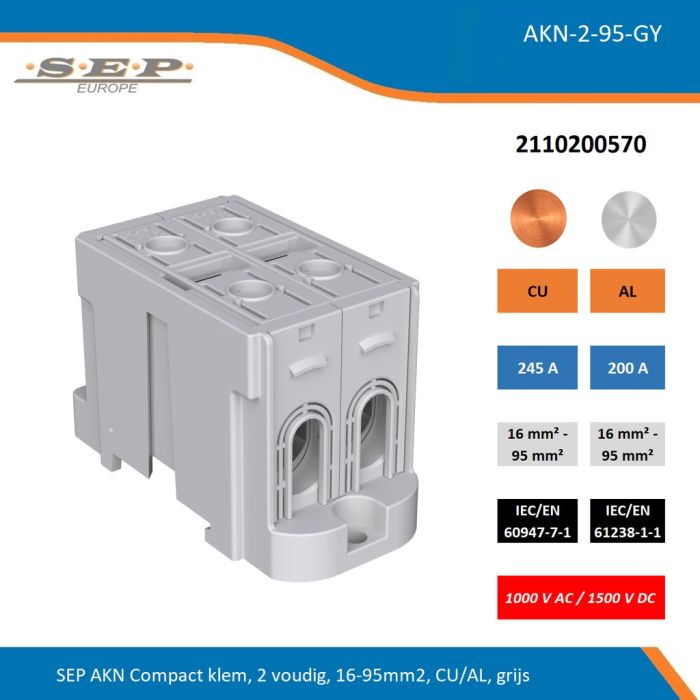 SEP AKN-2-16-GY compacte aansluitklem 2-voudig, geschikt voor koper en aluminium 16-95 mm², grijs – 1000 V AC / 1500 V DC, artikel 2110200210