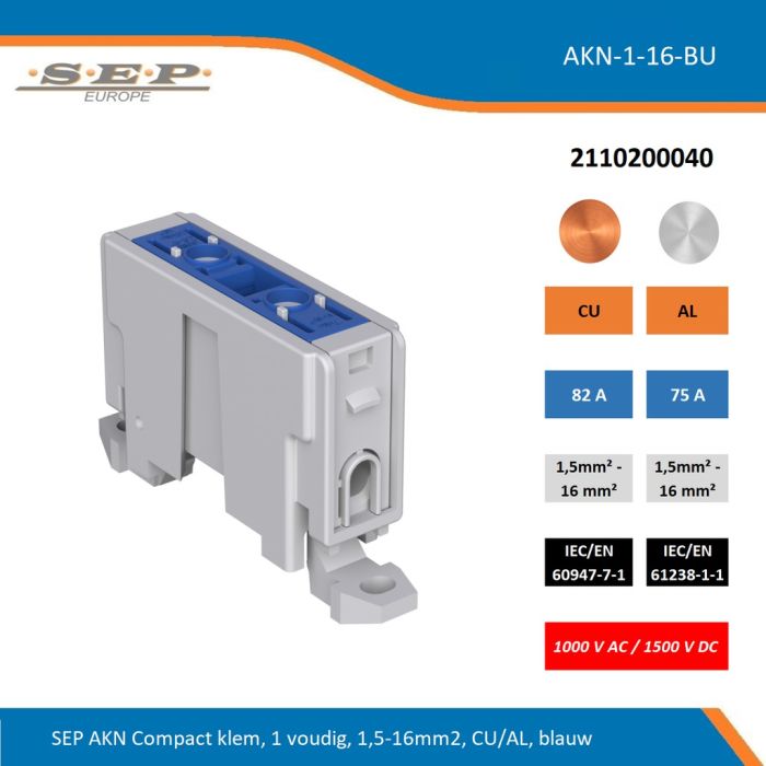 SEP AKN-1-16-BU compacte aansluitklem 1-voudig, geschikt voor koper en aluminium 1,5-16 mm², blauw – 1000 V AC / 1500 V DC, artikel 2110200030