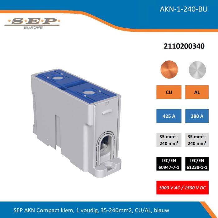 SEP AKN-1-240-BU compacte aansluitklem 1-voudig, geschikt voor koper en aluminium 35-240 mm², blauw – 1000 V AC / 1500 V DC, artikel 2110200340