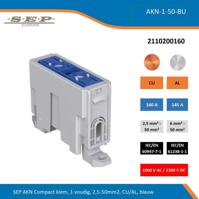 SEP AKN-1-50-BU compacte aansluitklem 1-voudig, geschikt voor koper en aluminium 2,5-50 mm², blauw – 1000 V AC / 1500 V DC, artikel 2110200160
