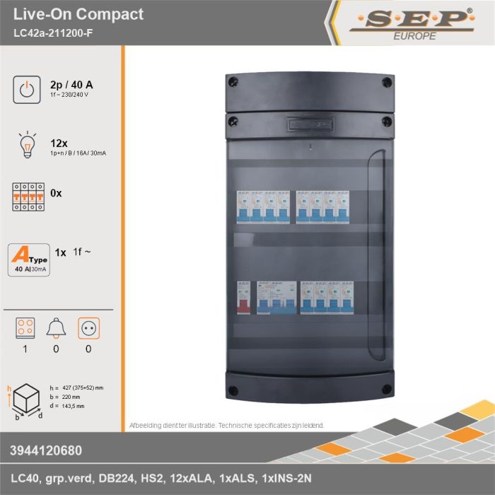 SEP Europe - Live-On Compact, LC42a-211200-F, 40A, 1-fase groepenkast, 12-lichtgroepen, 1-fornuisgroep, technische gegevens