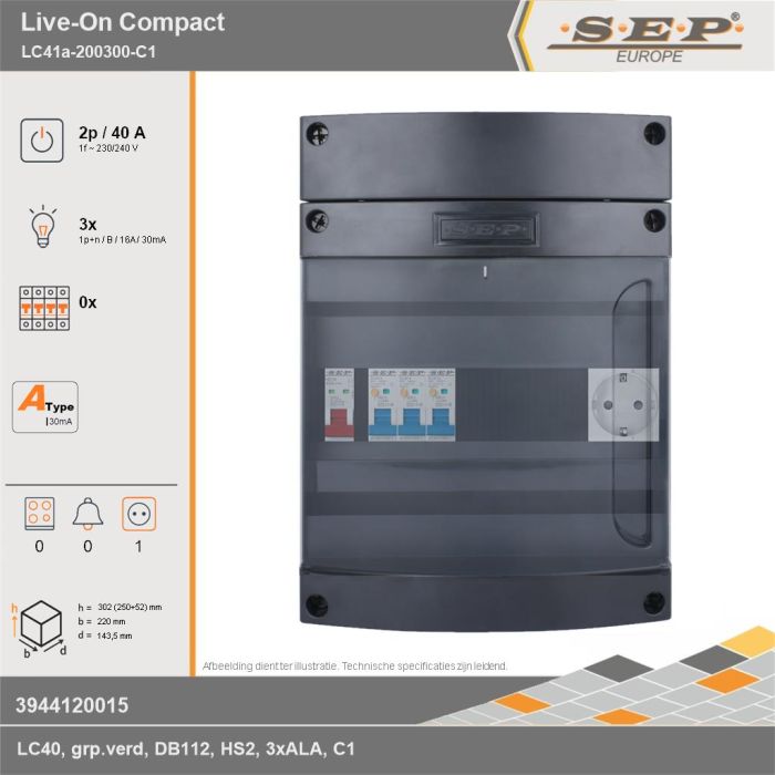 SEP Europe - Live-On Compact, LC41a-200300-C1, 40A, 1-fase groepenkast, 3-lichtgroepen,  1V-contactdoos, technische gegevens