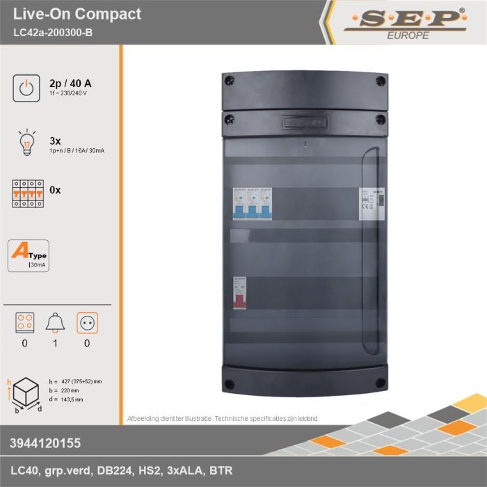 SEP Europe - Live-On Compact, LC42a-200300-B, 40A, 1-fase groepenkast, 3-lichtgroepen, 1-beltrafo, technische gegevens