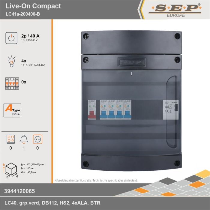 SEP Europe - Live-On Compact, LC41a-200400-B, 40A, 1-fase groepenkast, 4-lichtgroepen, 1-beltrafo, technische gegevens