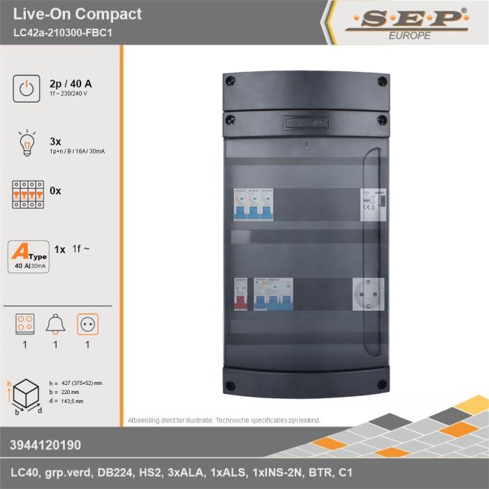 SEP Europe - Live-On Compact, LC42a-210300-FBC1, 40A, 1-fase groepenkast, 3-lichtgroepen, 1-fornuisgroep, 1-beltrafo,  1V-contactdoos, technische gegevens