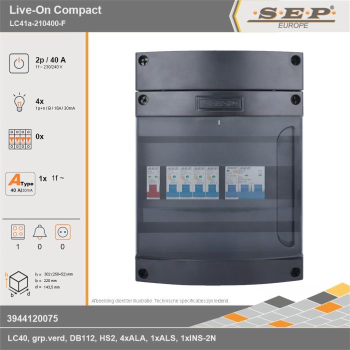 SEP Europe - Live-On Compact, LC41a-210400-F, 40A, 1-fase groepenkast, 4-lichtgroepen, 1-fornuisgroep, technische gegevens