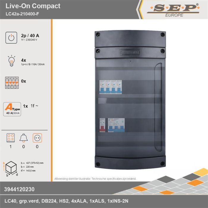 SEP Europe - Live-On Compact, LC42a-210400-F, 40A, 1-fase groepenkast, 4-lichtgroepen, 1-fornuisgroep, technische gegevens