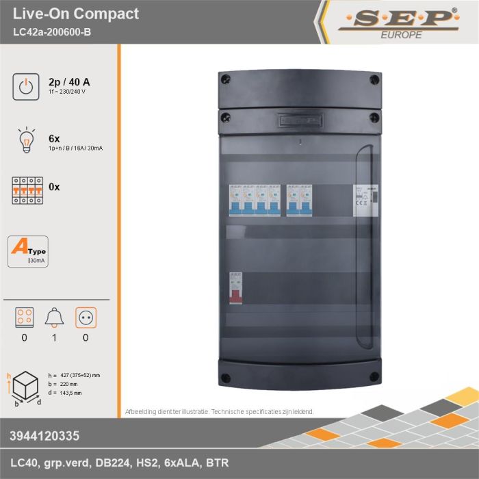 SEP Europe - Live-On Compact, LC42a-200600-B, 40A, 1-fase groepenkast, 6-lichtgroepen, 1-beltrafo, technische gegevens