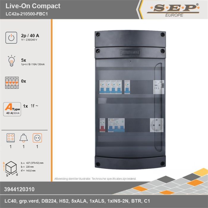 SEP Europe - Live-On Compact, LC42a-210500-FBC1, 40A, 1-fase groepenkast, 5-lichtgroepen, 1-fornuisgroep, 1-beltrafo,  1V-contactdoos, technische gegevens