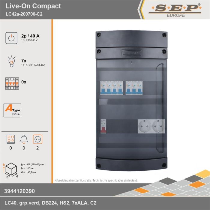 SEP Europe - Live-On Compact, LC42a-200700-C2, 40A, 1-fase groepenkast, 7-lichtgroepen,  2V-contactdoos, technische gegevens