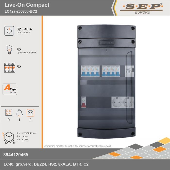 SEP Europe - Live-On Compact, LC42a-200800-BC2, 40A, 1-fase groepenkast, 8-lichtgroepen, 1-beltrafo,  2V-contactdoos, technische gegevens