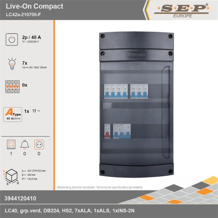 SEP Europe - Live-On Compact, LC42a-210700-F, 40A, 1-fase groepenkast, 7-lichtgroepen, 1-fornuisgroep, technische gegevens