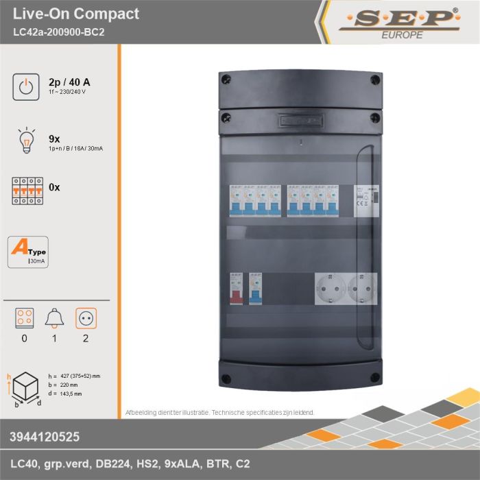 SEP Europe - Live-On Compact, LC42a-200900-BC2, 40A, 1-fase groepenkast, 9-lichtgroepen, 1-beltrafo,  2V-contactdoos, technische gegevens