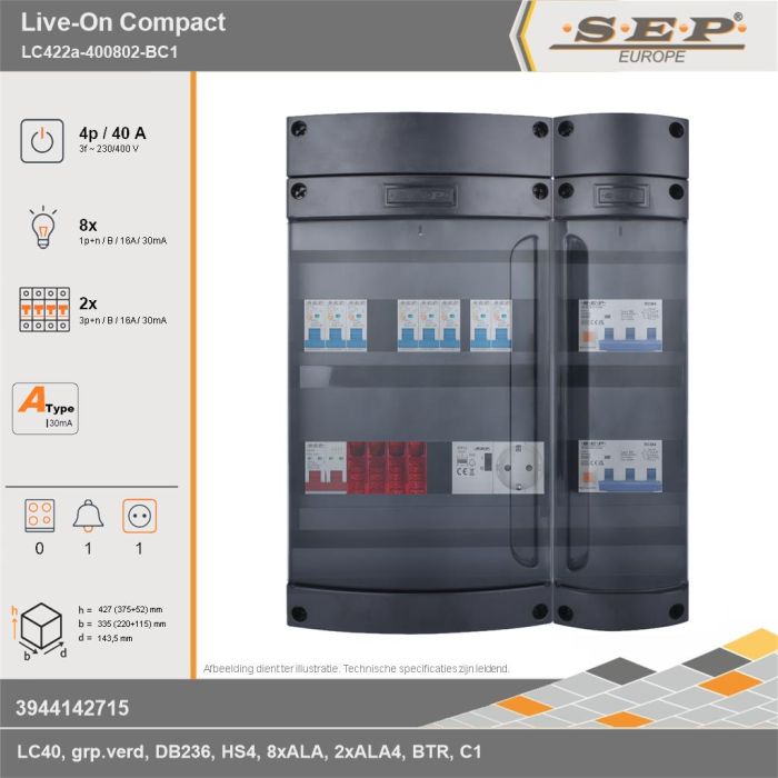 SEP Europe - Live-On Compact, LC422a-400802-BC1, 40A, 3-fase groepenkast, 8-lichtgroepen, 2-krachtgroepen, 1-beltrafo,  1V-contactdoos, technische gegevens