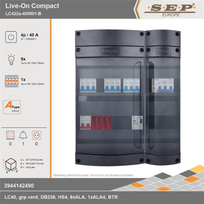 SEP Europe - Live-On Compact, LC422a-400901-B, 40A, 3-fase groepenkast, 9-lichtgroepen, 1-krachtgroepen, 1-beltrafo, technische gegevens