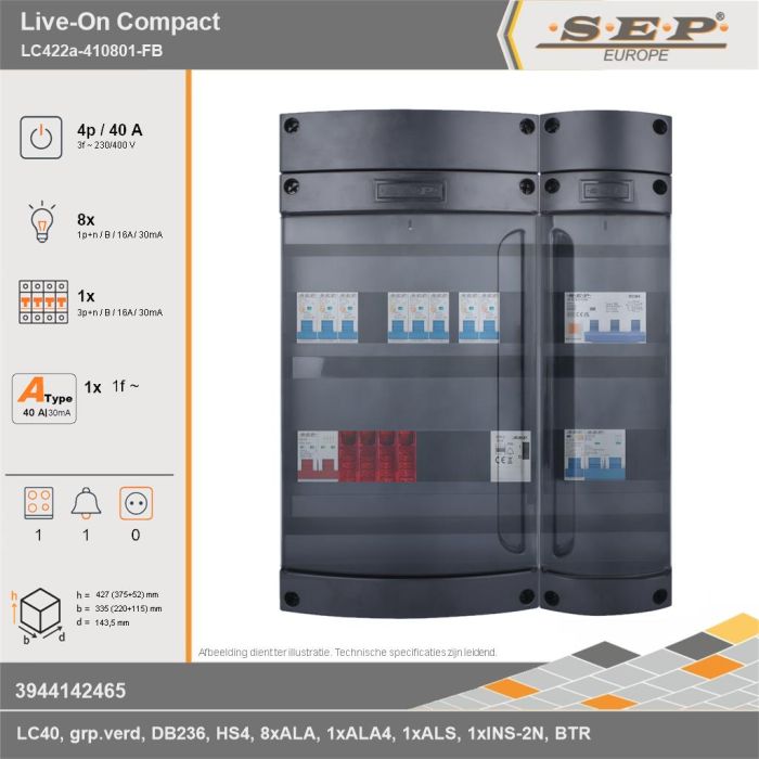 SEP Europe - Live-On Compact, LC422a-410801-FB, 40A, 3-fase groepenkast, 8-lichtgroepen, 1-krachtgroepen, 1-fornuisgroep, 1-beltrafo, technische gegevens