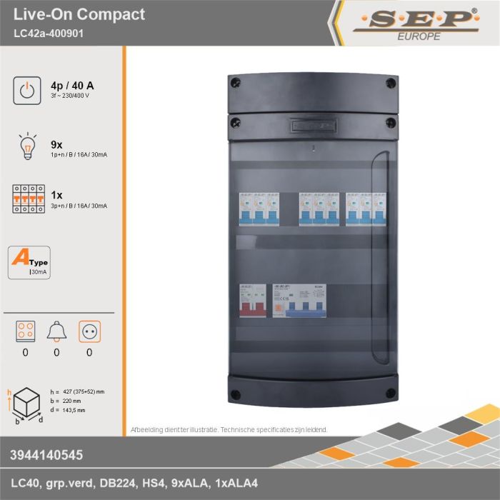 SEP Europe - Live-On Compact, LC42a-400901, 40A, 3-fase groepenkast, 9-lichtgroepen, 1-krachtgroepen, technische gegevens