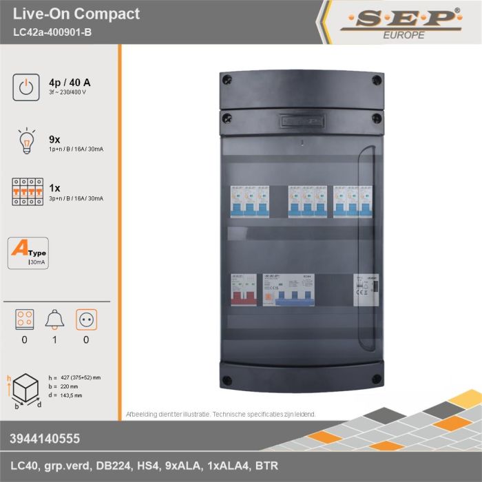 SEP Europe - Live-On Compact, LC42a-400901-B, 40A, 3-fase groepenkast, 9-lichtgroepen, 1-krachtgroepen, 1-beltrafo, technische gegevens