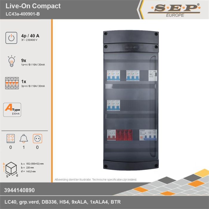 SEP Europe - Live-On Compact, LC43a-400901-B, 40A, 3-fase groepenkast, 9-lichtgroepen, 1-krachtgroepen, 1-beltrafo, technische gegevens