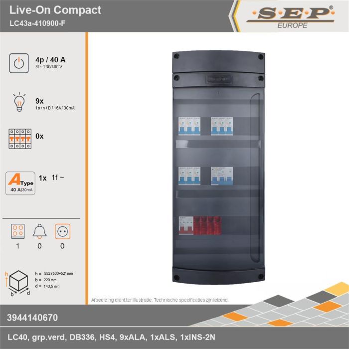 SEP Europe - Live-On Compact, LC43a-410900-F, 40A, 3-fase groepenkast, 9-lichtgroepen, 1-fornuisgroep, technische gegevens