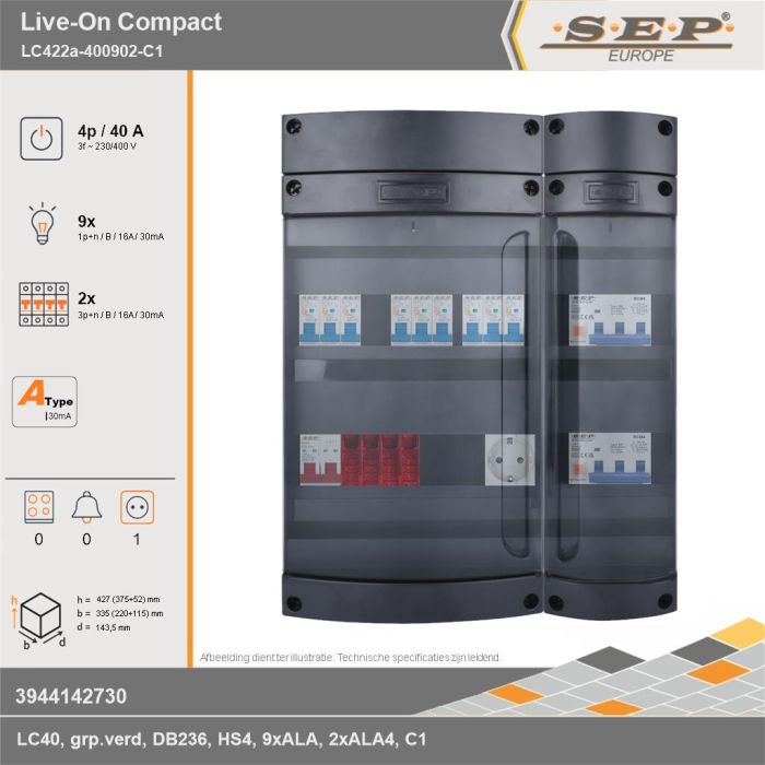 SEP Europe - Live-On Compact, LC422a-400902-C1, 40A, 3-fase groepenkast, 9-lichtgroepen, 2-krachtgroepen,  1V-contactdoos, technische gegevens