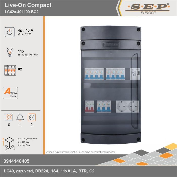 SEP Europe - Live-On Compact, LC42a-401100-BC2, 40A, 3-fase groepenkast, 11-lichtgroepen, 1-beltrafo,  2V-contactdoos, technische gegevens