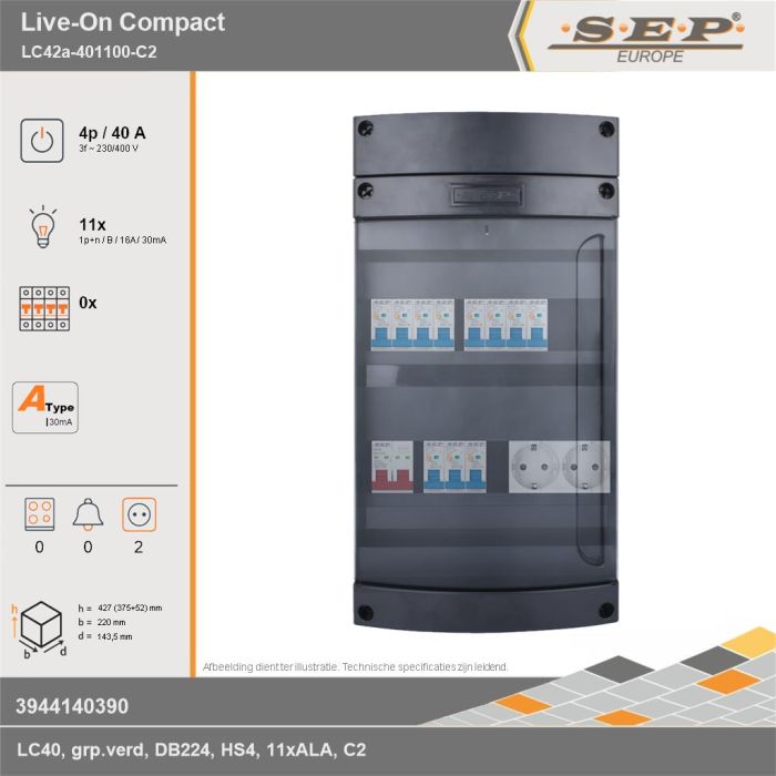 SEP Europe - Live-On Compact, LC42a-401100-C2, 40A, 3-fase groepenkast, 11-lichtgroepen,  2V-contactdoos, technische gegevens