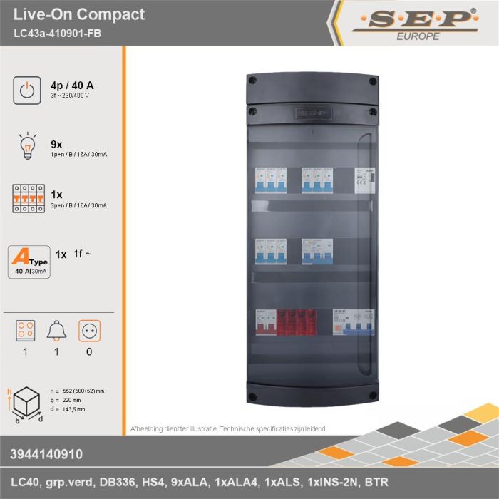 SEP Europe - Live-On Compact, LC43a-410901-FB, 40A, 3-fase groepenkast, 9-lichtgroepen, 1-krachtgroepen, 1-fornuisgroep, 1-beltrafo, technische gegevens