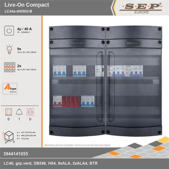 SEP Europe - Live-On Compact, LC44a-400902-B, 40A, 3-fase groepenkast, 9-lichtgroepen, 2-krachtgroepen, 1-beltrafo, technische gegevens