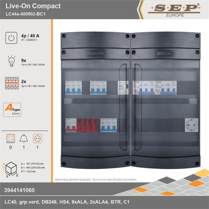SEP Europe - Live-On Compact, LC44a-400902-BC1, 40A, 3-fase groepenkast, 9-lichtgroepen, 2-krachtgroepen, 1-beltrafo,  1V-contactdoos, technische gegevens