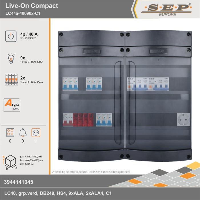 SEP Europe - Live-On Compact, LC44a-400902-C1, 40A, 3-fase groepenkast, 9-lichtgroepen, 2-krachtgroepen,  1V-contactdoos, technische gegevens