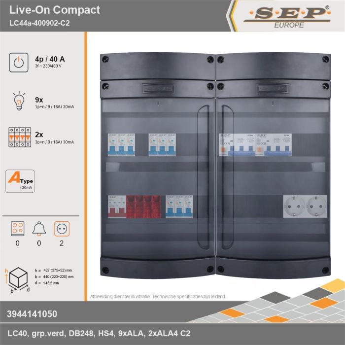 SEP Europe - Live-On Compact, LC44a-400902-C2, 40A, 3-fase groepenkast, 9-lichtgroepen, 2-krachtgroepen,  2V-contactdoos, technische gegevens