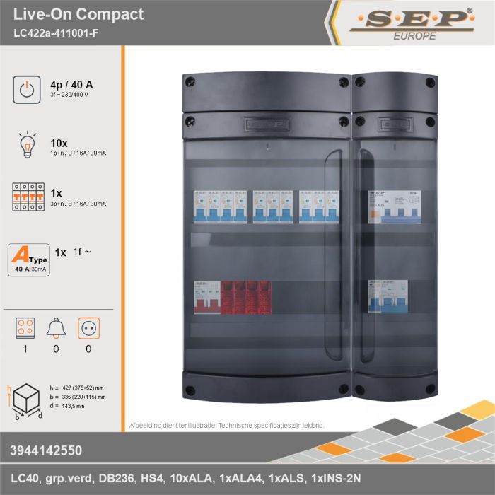 SEP Europe - Live-On Compact, LC422a-411001-F, 40A, 3-fase groepenkast, 10-lichtgroepen, 1-krachtgroepen, 1-fornuisgroep, technische gegevens