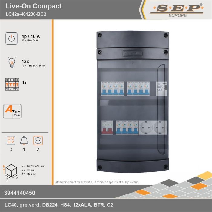 SEP Europe - Live-On Compact, LC42a-401200-BC2, 40A, 3-fase groepenkast, 12-lichtgroepen, 1-beltrafo,  2V-contactdoos, technische gegevens