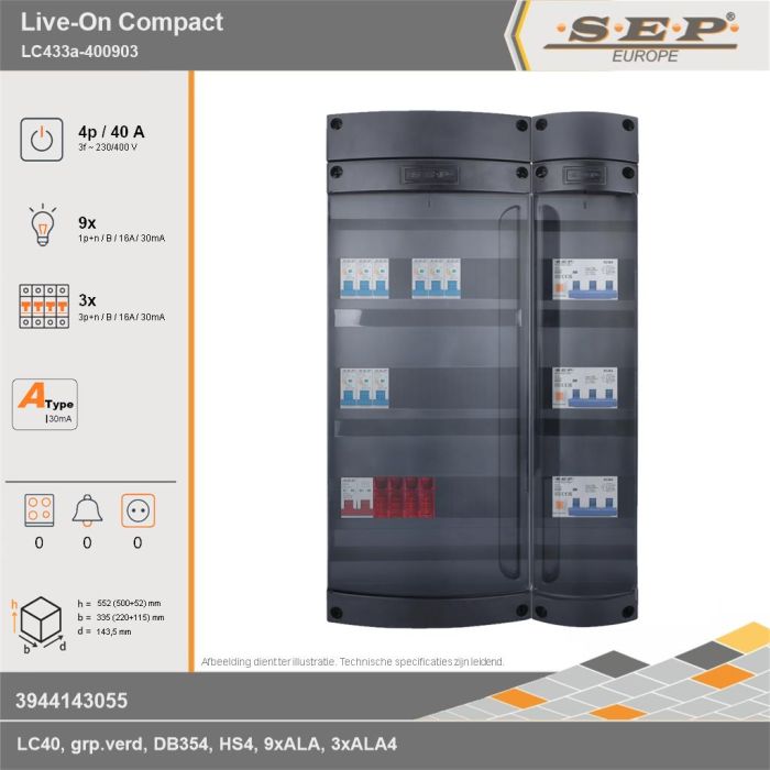 SEP Europe - Live-On Compact, LC433a-400903, 40A, 3-fase groepenkast, 9-lichtgroepen, 3-krachtgroepen, technische gegevens
