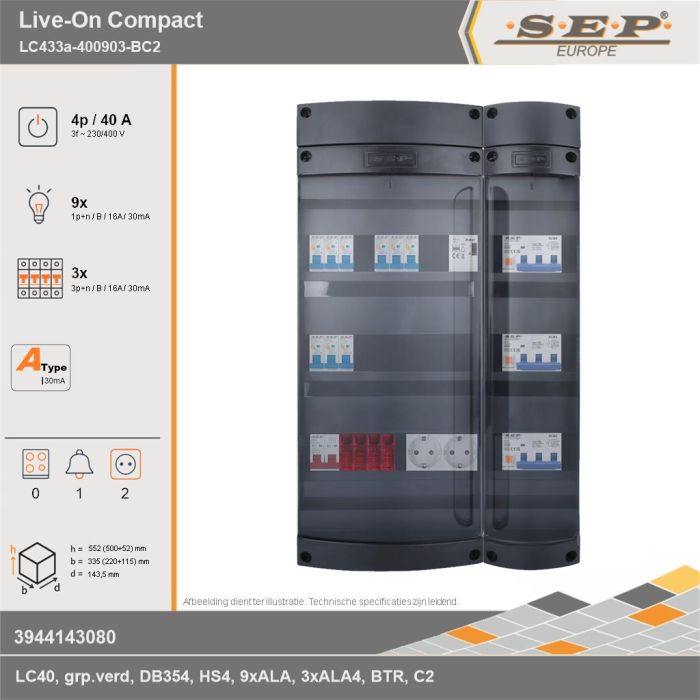 SEP Europe - Live-On Compact, LC433a-400903-BC2, 40A, 3-fase groepenkast, 9-lichtgroepen, 3-krachtgroepen, 1-beltrafo,  2V-contactdoos, technische gegevens