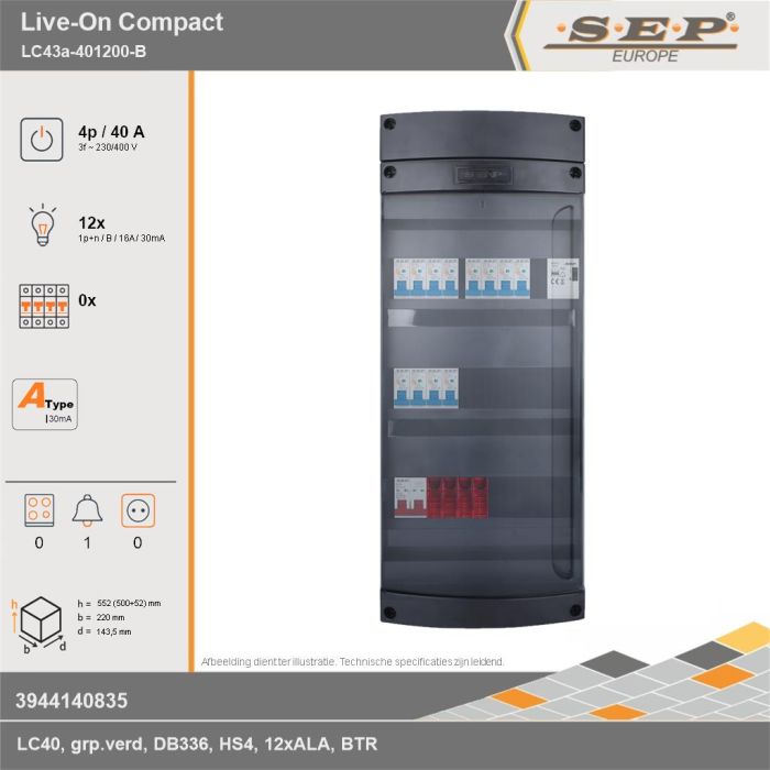 SEP Europe - Live-On Compact, LC43a-401200-B, 40A, 3-fase groepenkast, 12-lichtgroepen, 1-beltrafo, technische gegevens