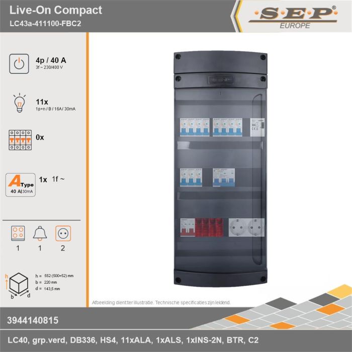SEP Europe - Live-On Compact, LC43a-411100-FBC2, 40A, 3-fase groepenkast, 11-lichtgroepen, 1-fornuisgroep, 1-beltrafo,  2V-contactdoos, technische gegevens