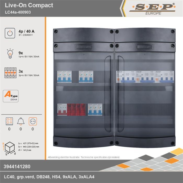 SEP Europe - Live-On Compact, LC44a-400903, 40A, 3-fase groepenkast, 9-lichtgroepen, 3-krachtgroepen, technische gegevens