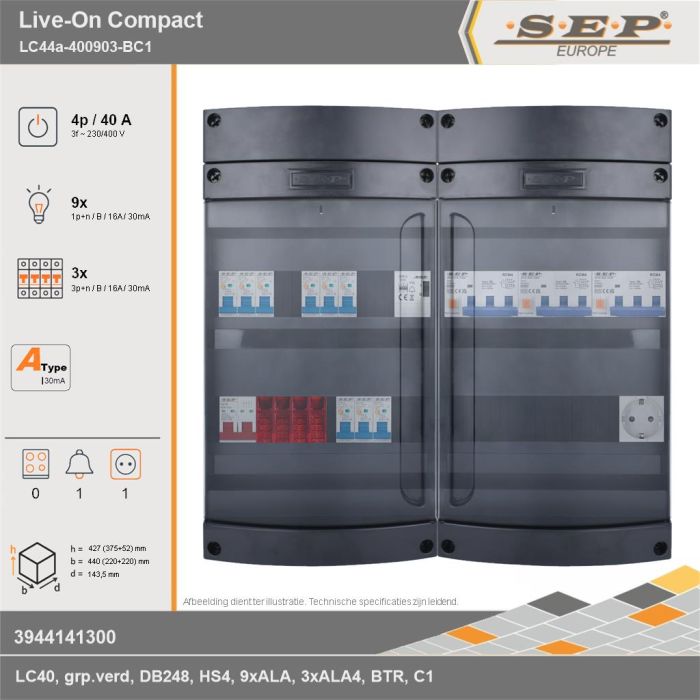 SEP Europe - Live-On Compact, LC44a-400903-BC1, 40A, 3-fase groepenkast, 9-lichtgroepen, 3-krachtgroepen, 1-beltrafo,  1V-contactdoos, technische gegevens
