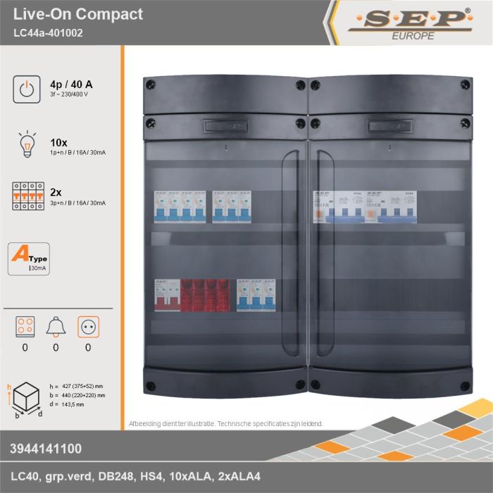 SEP Europe - Live-On Compact, LC44a-401002, 40A, 3-fase groepenkast, 10-lichtgroepen, 2-krachtgroepen, technische gegevens