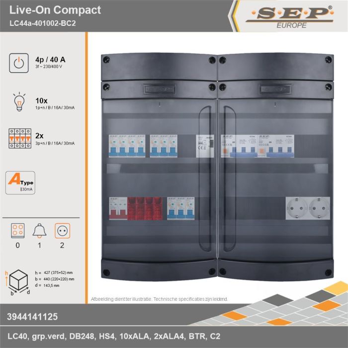 SEP Europe - Live-On Compact, LC44a-401002-BC2, 40A, 3-fase groepenkast, 10-lichtgroepen, 2-krachtgroepen, 1-beltrafo,  2V-contactdoos, technische gegevens